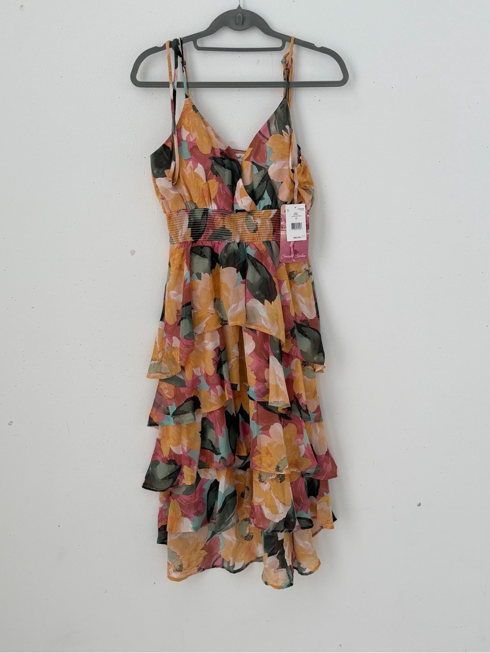 Emerald Sundae Mustard & Blush Floral Tiered Midi Dress